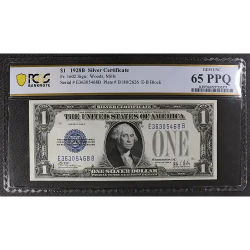 $1 1928-B blue seal. Small Silver Certificates 1602 (2)