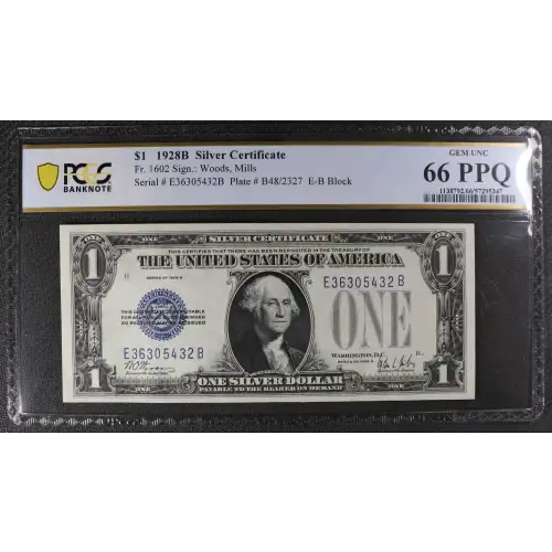 $1 1928-B blue seal. Small Silver Certificates 1602