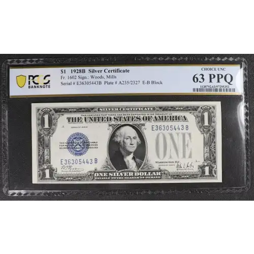 $1 1928-B blue seal. Small Silver Certificates 1602 (2)