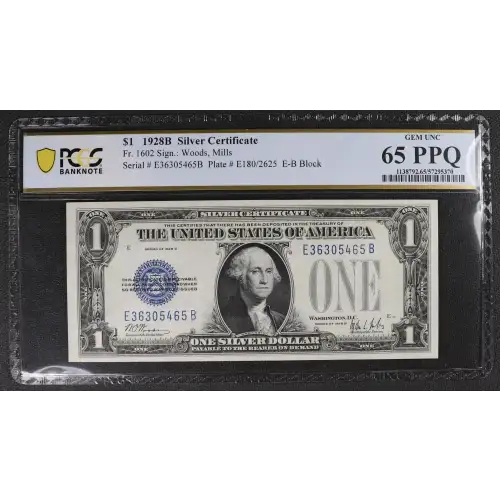 $1 1928-B blue seal. Small Silver Certificates 1602