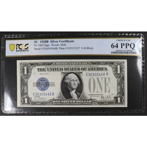 $1 1928-B blue seal. Small Silver Certificates 1602 (2)