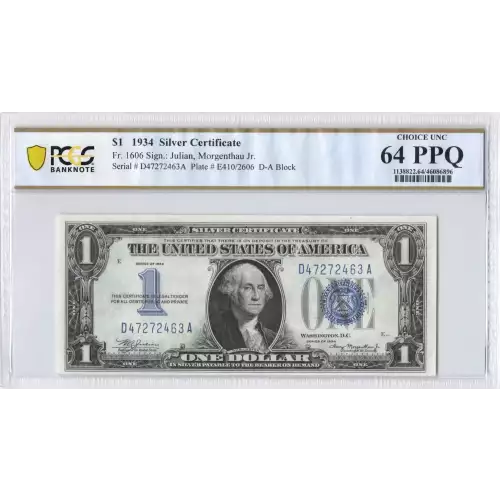 $1 1934 blue seal. Small Silver Certificates 1606