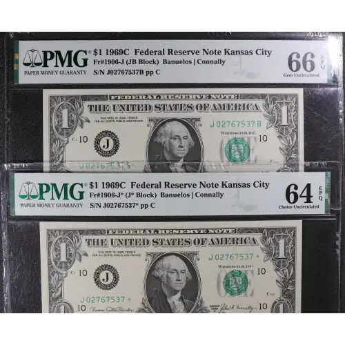 $1 1969-C. Green seal. Small Size $1 Federal Reserve Notes 1906-J* (2)