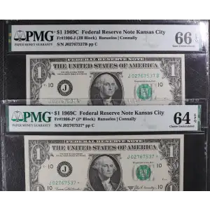 $1 1969-C. Green seal. Small Size $1 Federal Reserve Notes 1906-J* (2)
