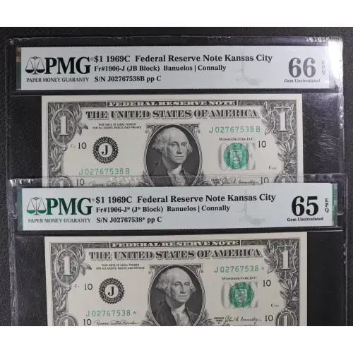 $1 1969-C. Green seal. Small Size $1 Federal Reserve Notes 1906-J*