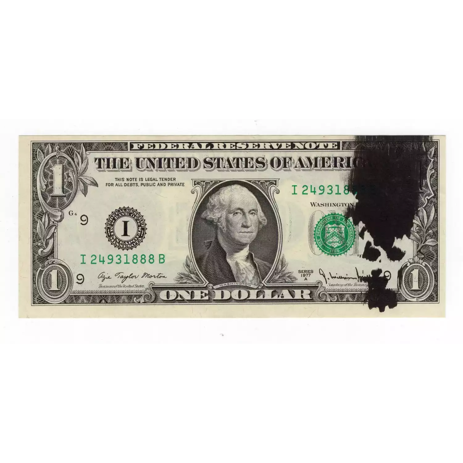 Series 1977A $1 Minneapolis Federal Reserve Note Large Ink Smear Error ...