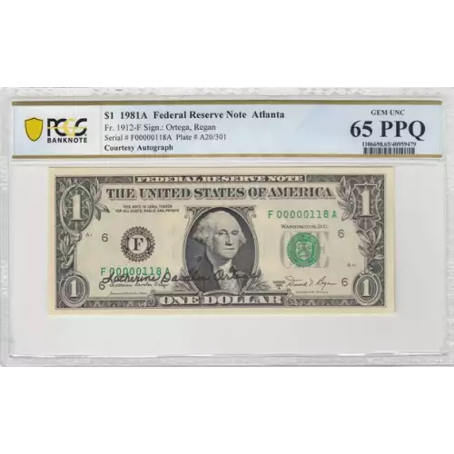 $1 1981-A. Green seal. Small Size $1 Federal Reserve Notes 1912-F