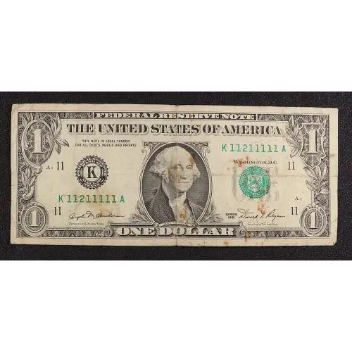 $1 1981 Green seal. Small Size $1 Federal Reserve Notes 1911-K