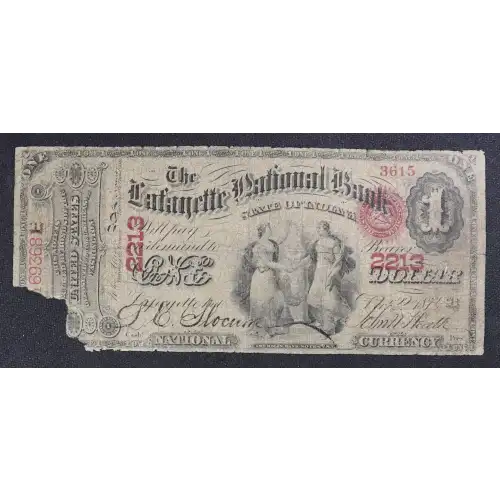 $1 original Red with rays, red serial no., with bank character no. First Charter Period 382a (2)