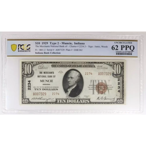 $10 1929 Muncie, IN National Note Type II PCGS 62 PPQ