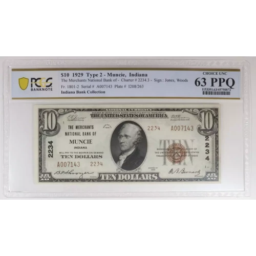 $10 1929 Muncie, IN National Note Type II PCGS 63 PPQ 