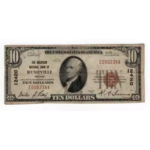 $10 1929 small brown seal. Small National Bank Notes 1801-1