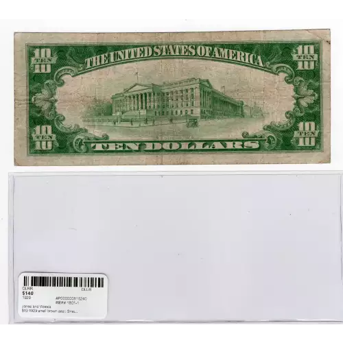 $10 1929 small brown seal. Small National Bank Notes 1801-1