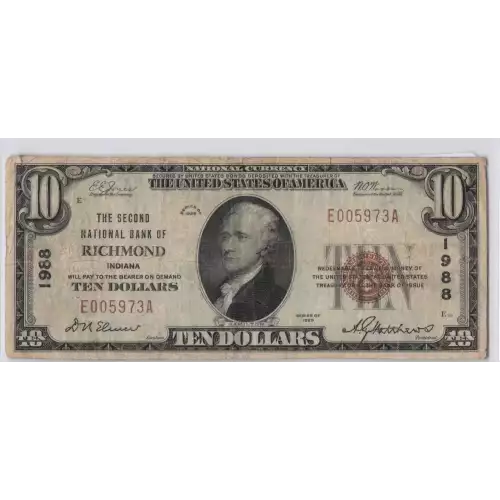 $10 1929 small brown seal. Small National Bank Notes 1801-1