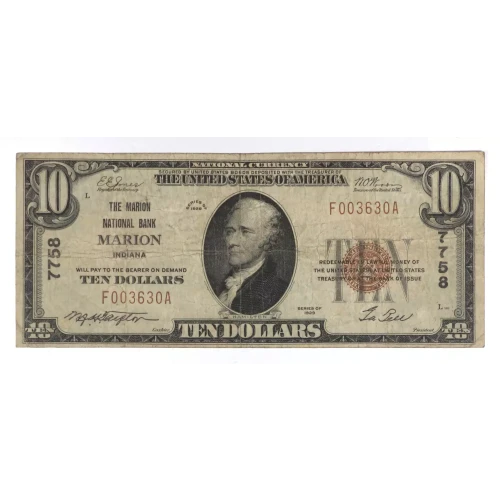 $10 1929 small brown seal. Small National Bank Notes 1801-1