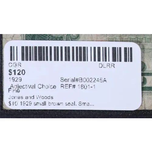 $10 1929 small brown seal. Small National Bank Notes 1801-1