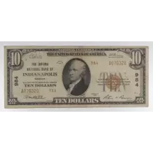 $10 1929 small brown seal. Small National Bank Notes 1801-2