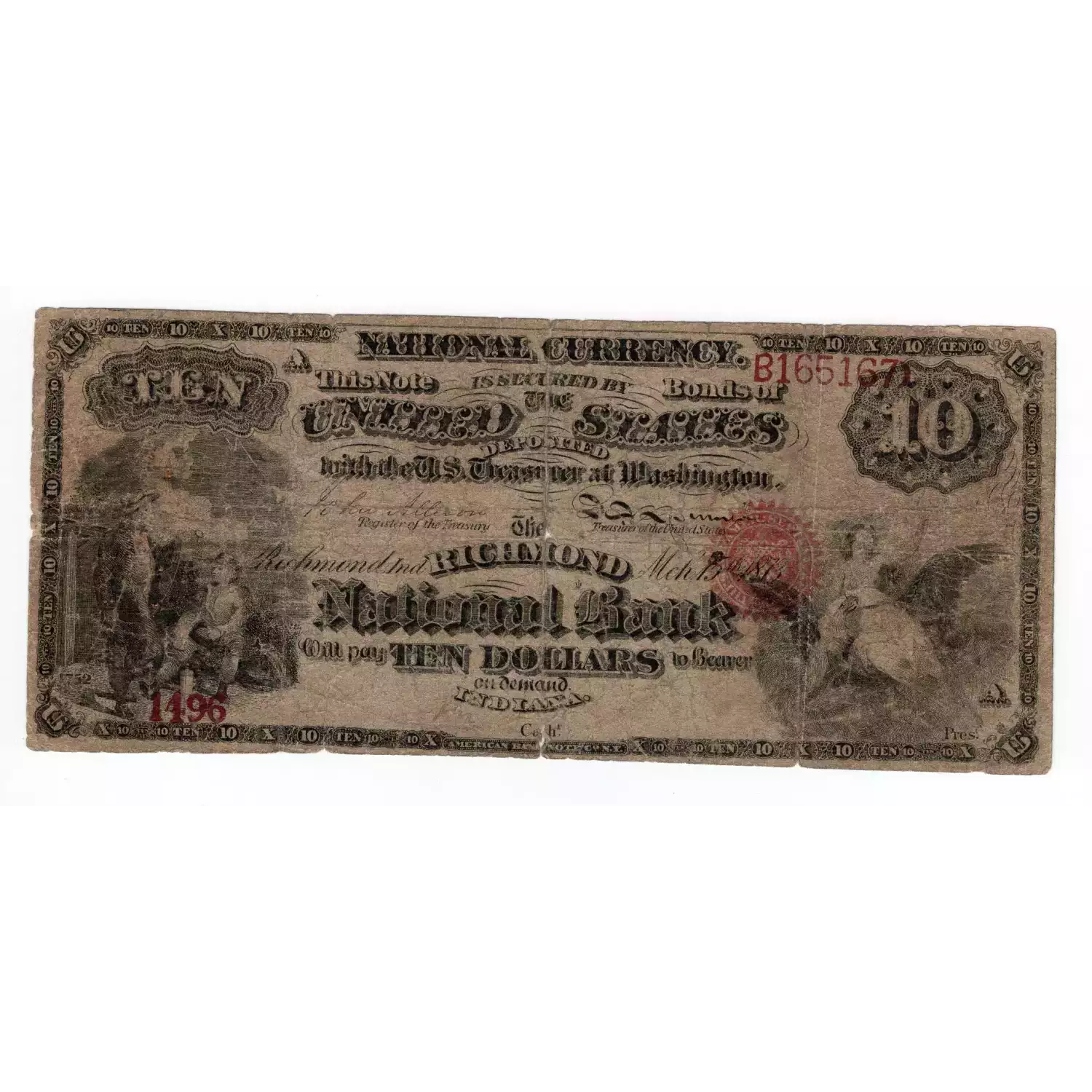 $10 Original Red with rays, blue serial no. First Charter Period 414
