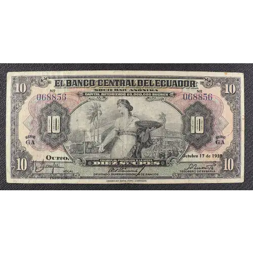 10 Sucres 1939-1949, 1939-1944 Issue a. Signature title overprint: PRESIDENTE at left. Date at right. 17.10.1939-6.6.1944 Ecuador 92 (2)