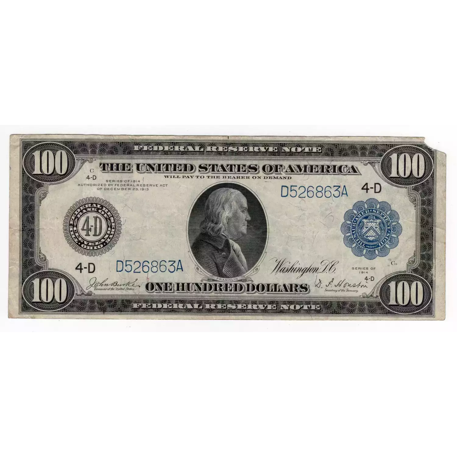 $100 1914 Red Seal Federal Reserve Notes 1098
