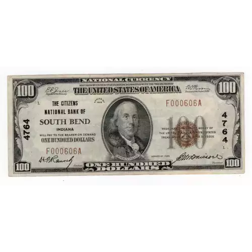 $100 1929 small brown seal. Small National Bank Notes 1804-1