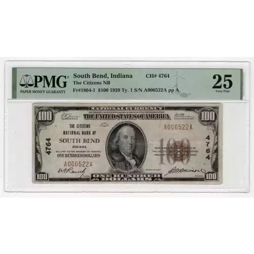 $100 1929 small brown seal. Small National Bank Notes 1804-1
