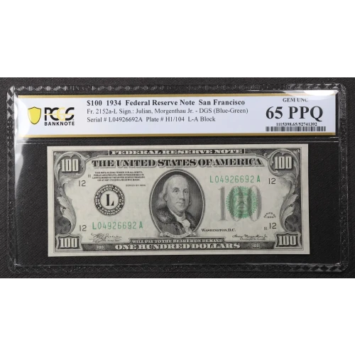 $100 1934 blue-Green seal. Small Size $100 Federal Reserve Notes 2152a-L (2)