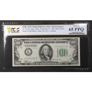 $100 1934 blue-Green seal. Small Size $100 Federal Reserve Notes 2152a-L (2)