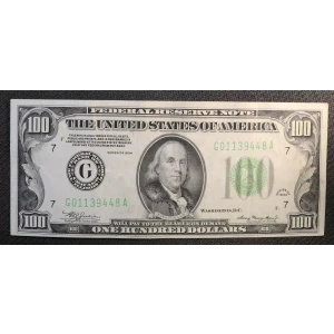 $100 1934 light Green seal. Small Size $100 Federal Reserve Notes 2152-G