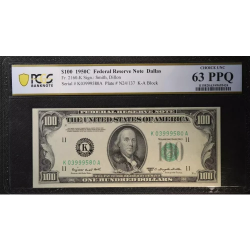 $100 1950-C.  Small Size $100 Federal Reserve Notes 2160-K