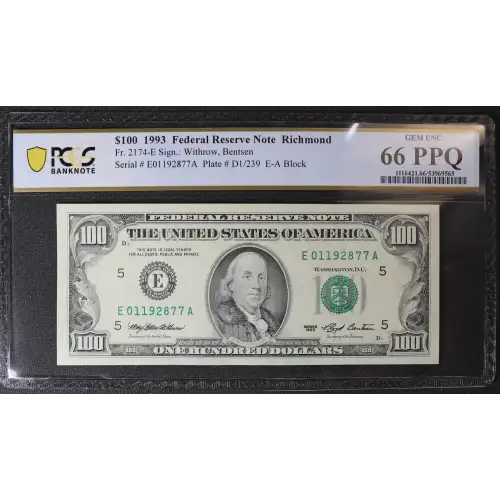 $100 1993  Small Size $100 Federal Reserve Notes 2174-E