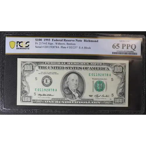 $100 1993  Small Size $100 Federal Reserve Notes 2174-E
