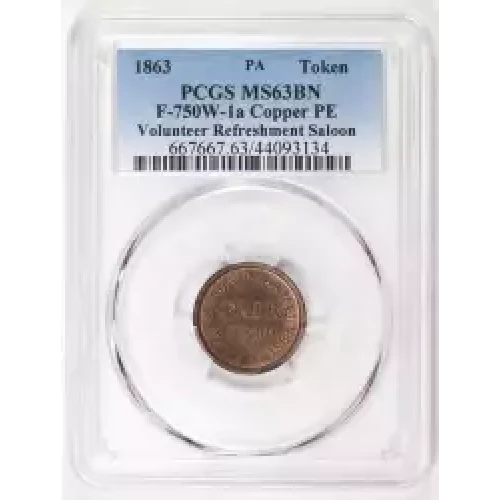 1863 Token F-750W-1a Copper PE Volunteer Refreshment Saloon PA, BN