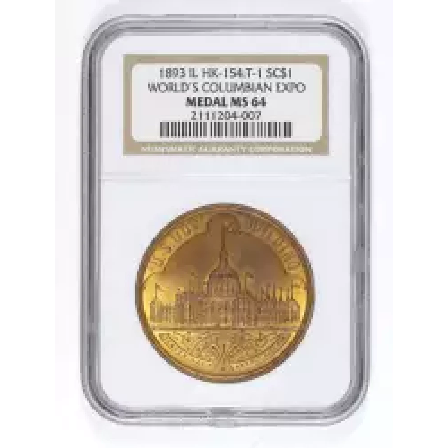 1893 IL WORLD'S COLUMBIAN EXPO OFFICIAL MEDAL, LG LTRS 