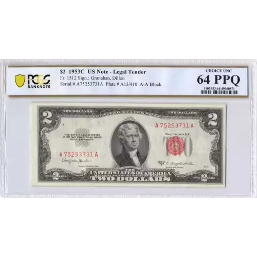 $2 1953-C red seal. Small Legal Tender Notes 1512