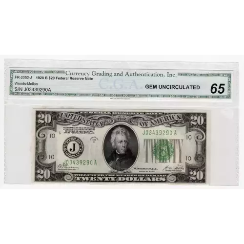 $20 1928-B. Green seal. Small Size $20 Federal Reserve Notes 2052-J
