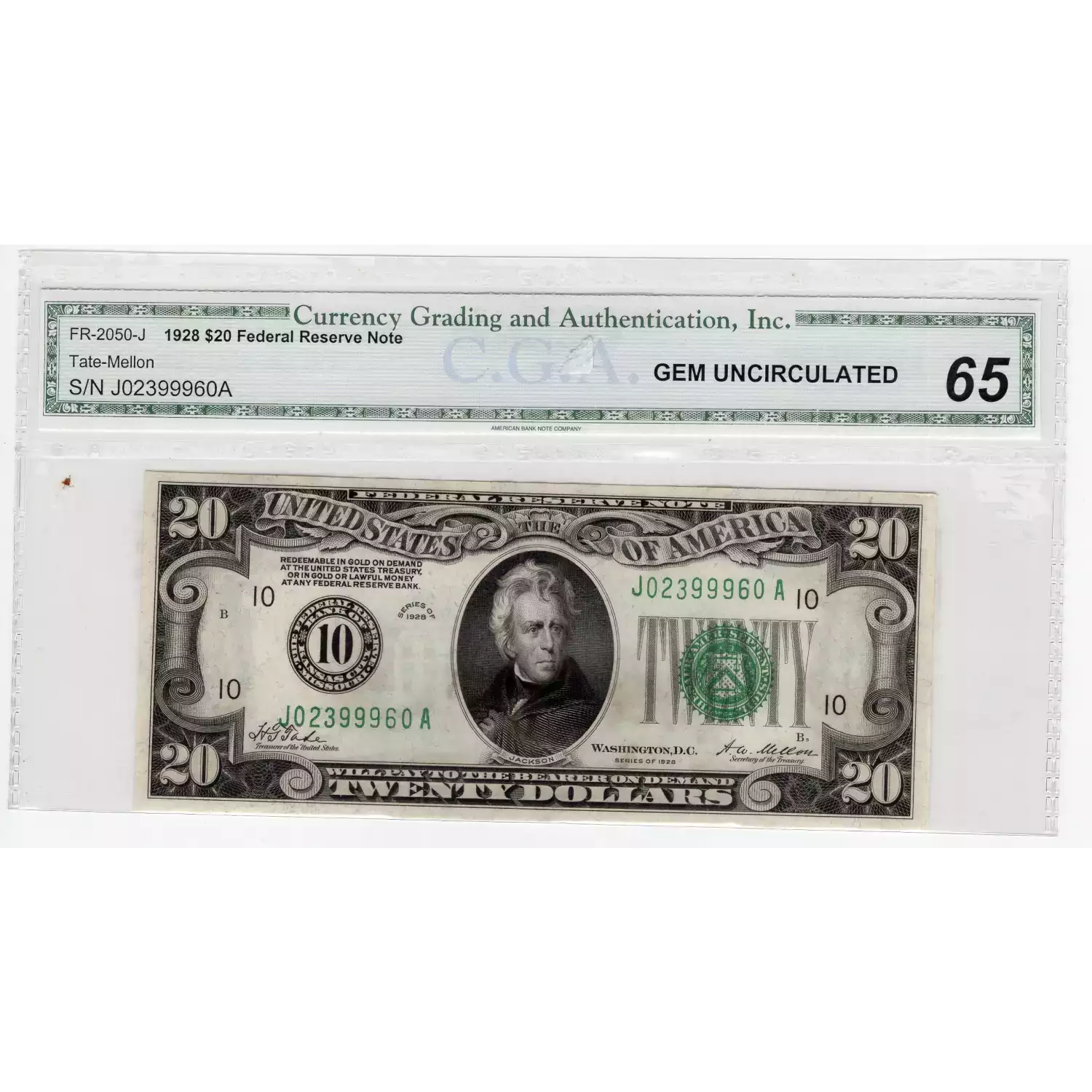 $20 1928 Green seal. Small Size $20 Federal Reserve Notes 2050-J