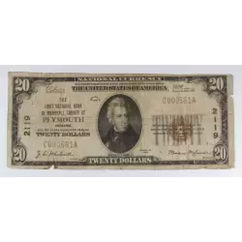 $20 1929 small brown seal. Small National Bank Notes 1802-1