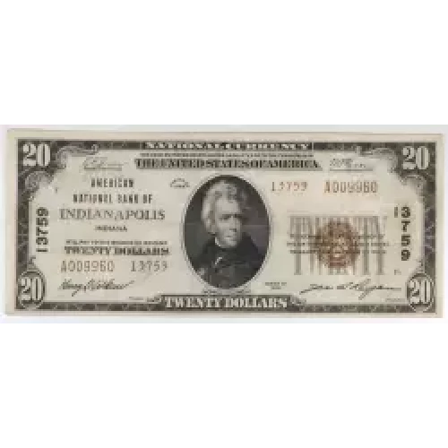 $20 1929 small brown seal. Small National Bank Notes 1802-1