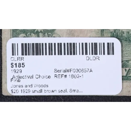 $20 1929 small brown seal. Small National Bank Notes 1802-1