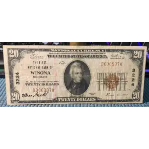 $20 1929 small brown seal. Small National Bank Notes 1802-1