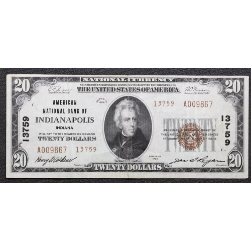 $20 1929 small brown seal. Small National Bank Notes 1802-2