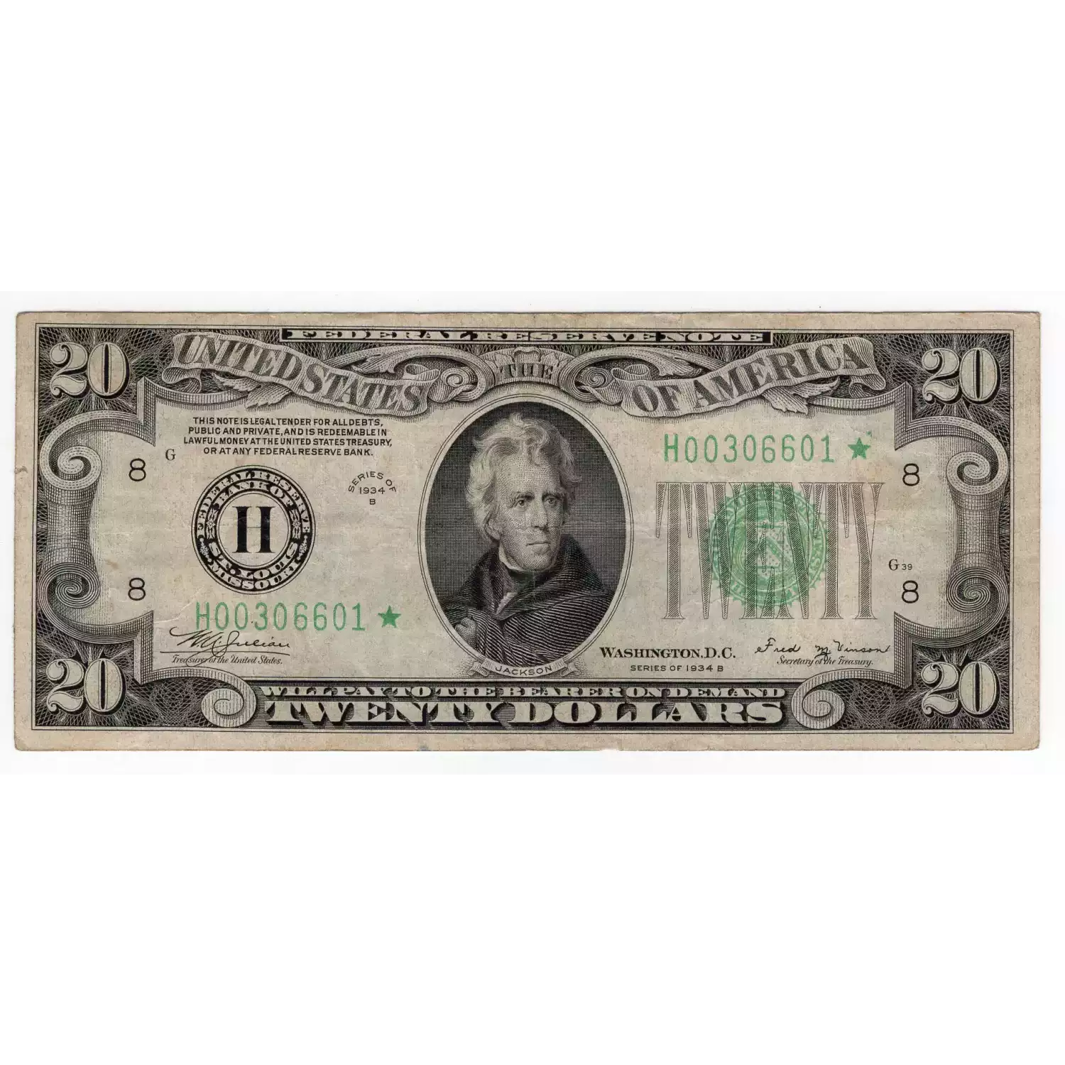 $20 1934-B. blue-Green seal. Small Size $20 Federal Reserve Notes 2056-H*