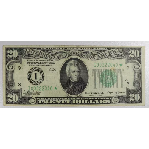 $20 1934-B. blue-Green seal. Small Size $20 Federal Reserve Notes 2056-I*