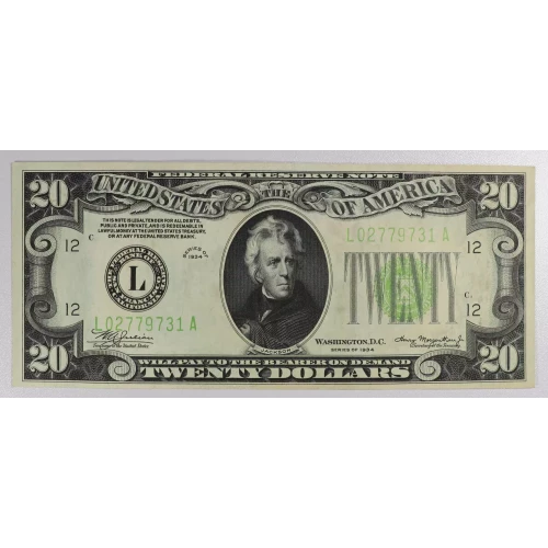 $20 1934 light Green seal. Small Size $20 Federal Reserve Notes 2054-L (2)
