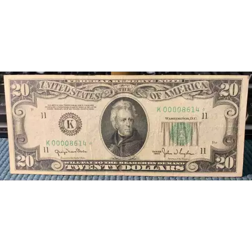 $20 1950 blue-Green seal. Small Size $20 Federal Reserve Notes 2059-K*