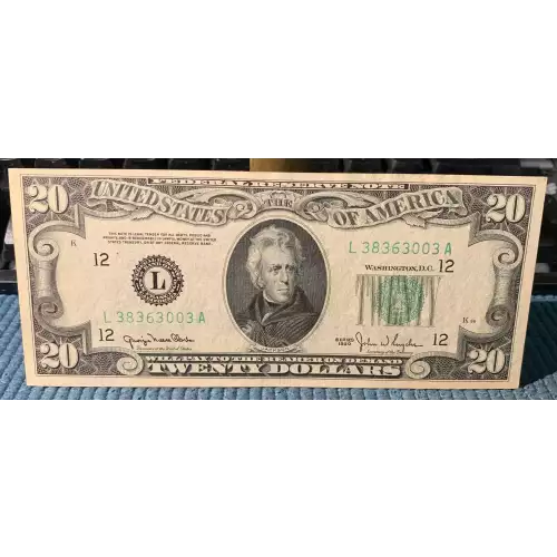 $20 1950 blue-Green seal. Small Size $20 Federal Reserve Notes 2059-L (2)