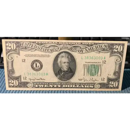 $20 1950 blue-Green seal. Small Size $20 Federal Reserve Notes 2059-L (2)