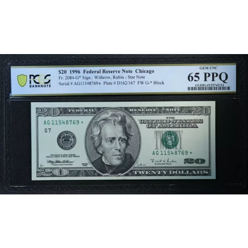 $20 1996 blue-Green seal. Small Size $20 Federal Reserve Notes 2084-G*
