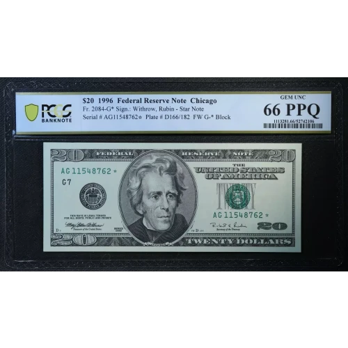 $20 1996 blue-Green seal. Small Size $20 Federal Reserve Notes 2084-G* (2)